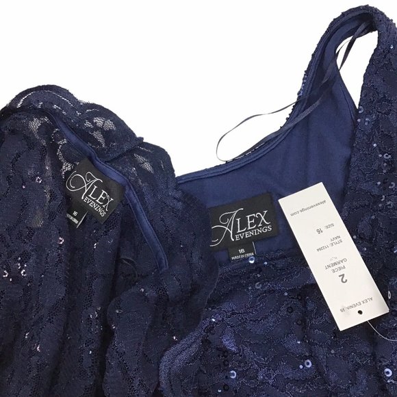 Alex Evenings Navy Blue Lace Sequin Cocktail Sheath Dress w/ Jacket Women's 16 - Picture 12 of 12